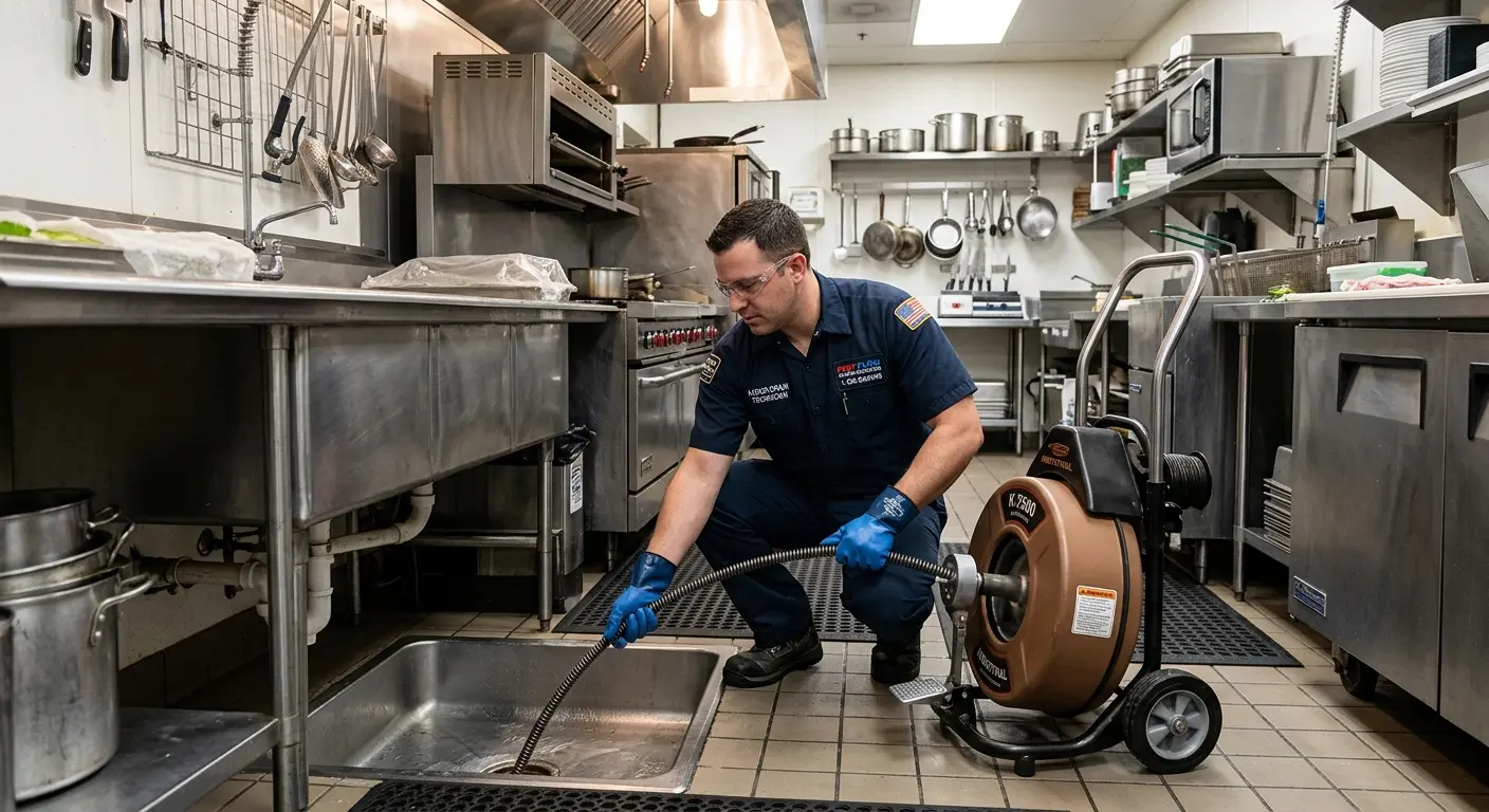 Commercial drain cleaning service in a restaurant kitchen in Coral Terrace