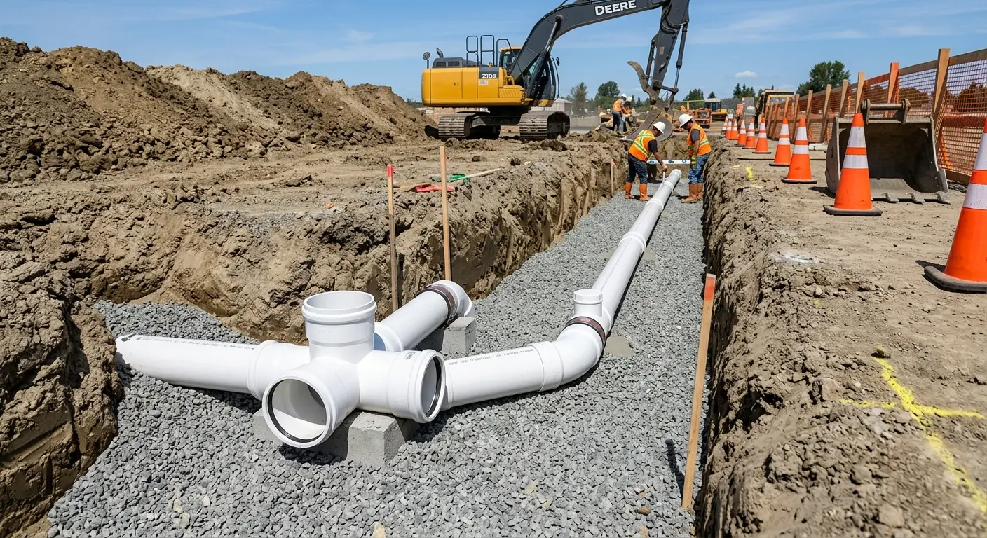 New PVC sewer pipe installation in open trench for Commercial Drain Cleaning in Coral Terrace