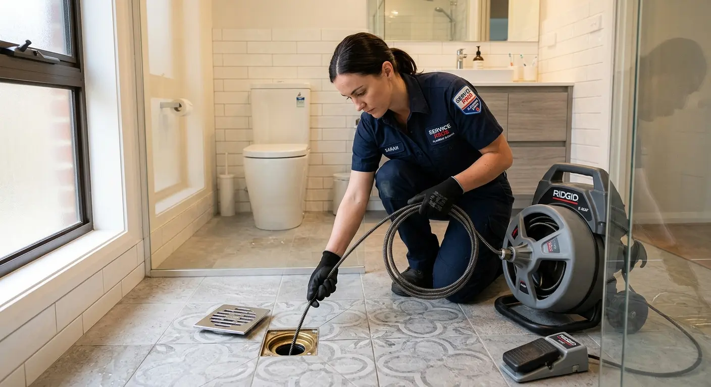 Technician clearing a bathroom floor drain for Sewer Line Replacement in Coral Terrace